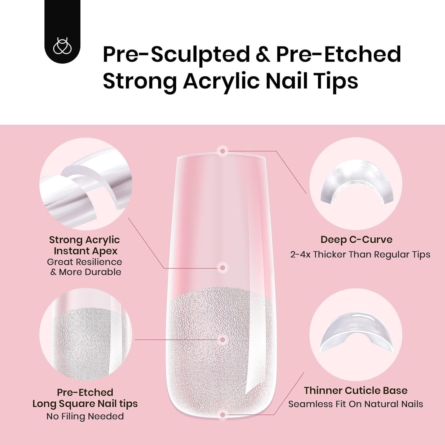 Strong Full Cover Press-On Nails – 192 Pcs Tipex Square Long Tips, Glossy Finish