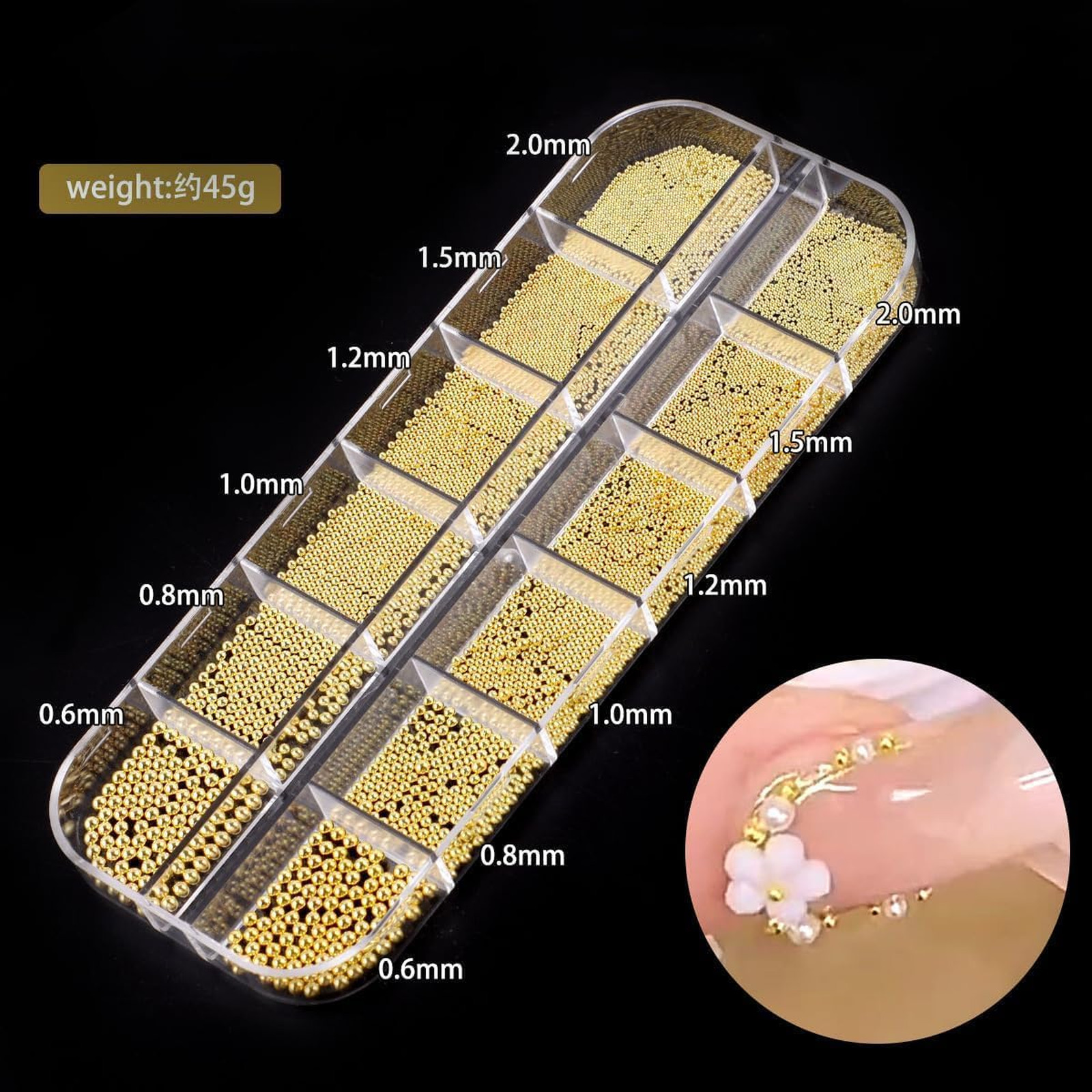Nail Art Decoration Kit Gold Caviar Beads for Nails 6 Sizes Jewelry Making