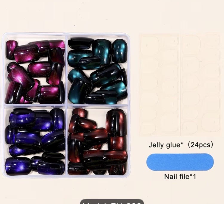 96pcs Short Square Glossy Cat Eye Nail Set Blue, Purple, Pink,Lake Blue Press On