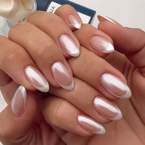 French Tip Chrome Press on Nails Almond Medium Fake Nails with A-French Tip