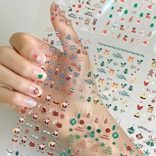 30 Sheets Christmas Nail Art Stickers Colorful Christmas Fake Nails Style01