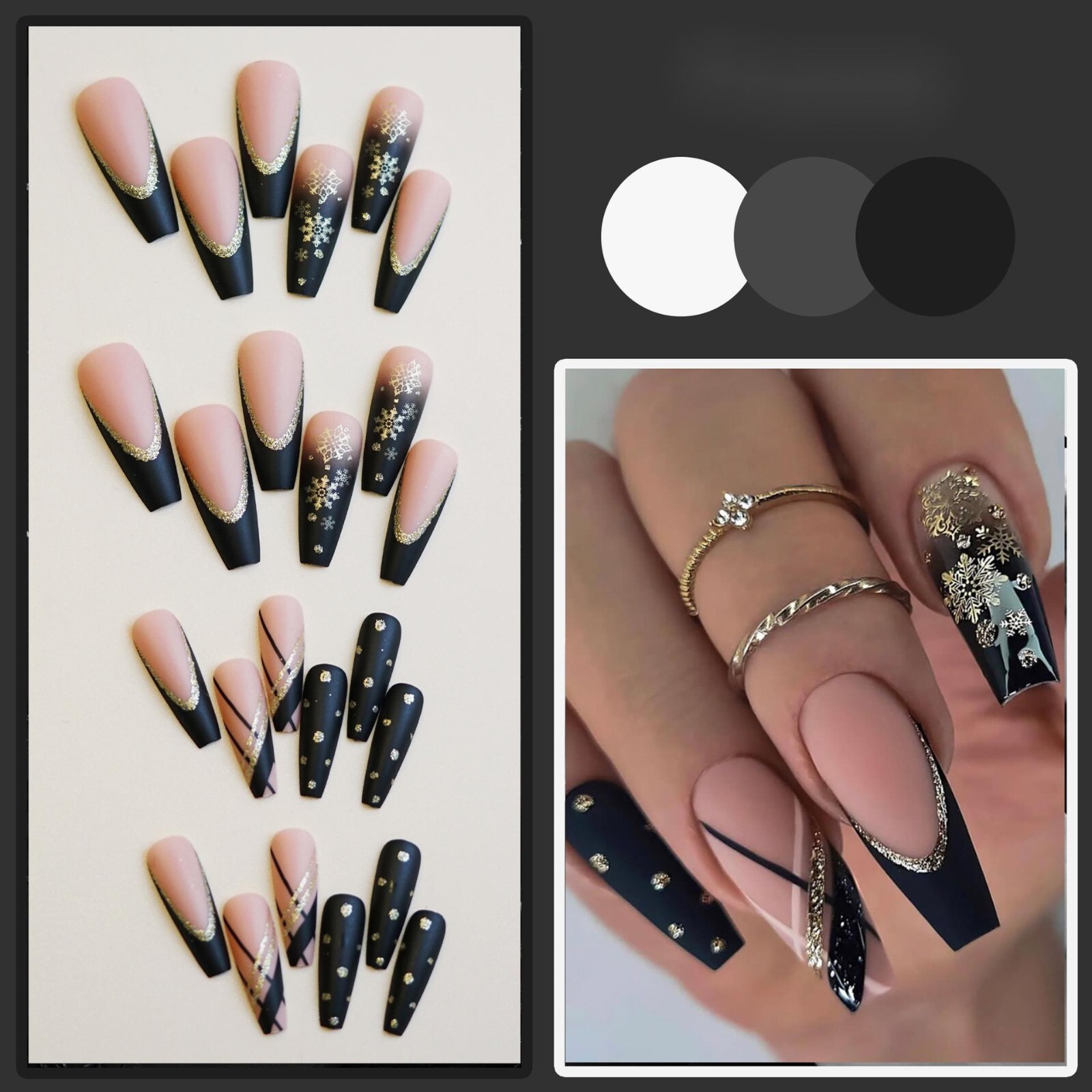 New Year black French gold snow reusable wear nails 24 pieces（glue included)