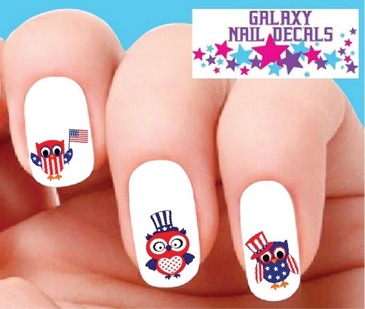 Waterslide Nail Decals – Set of 20 4th of July Owls with American Flag Assorted