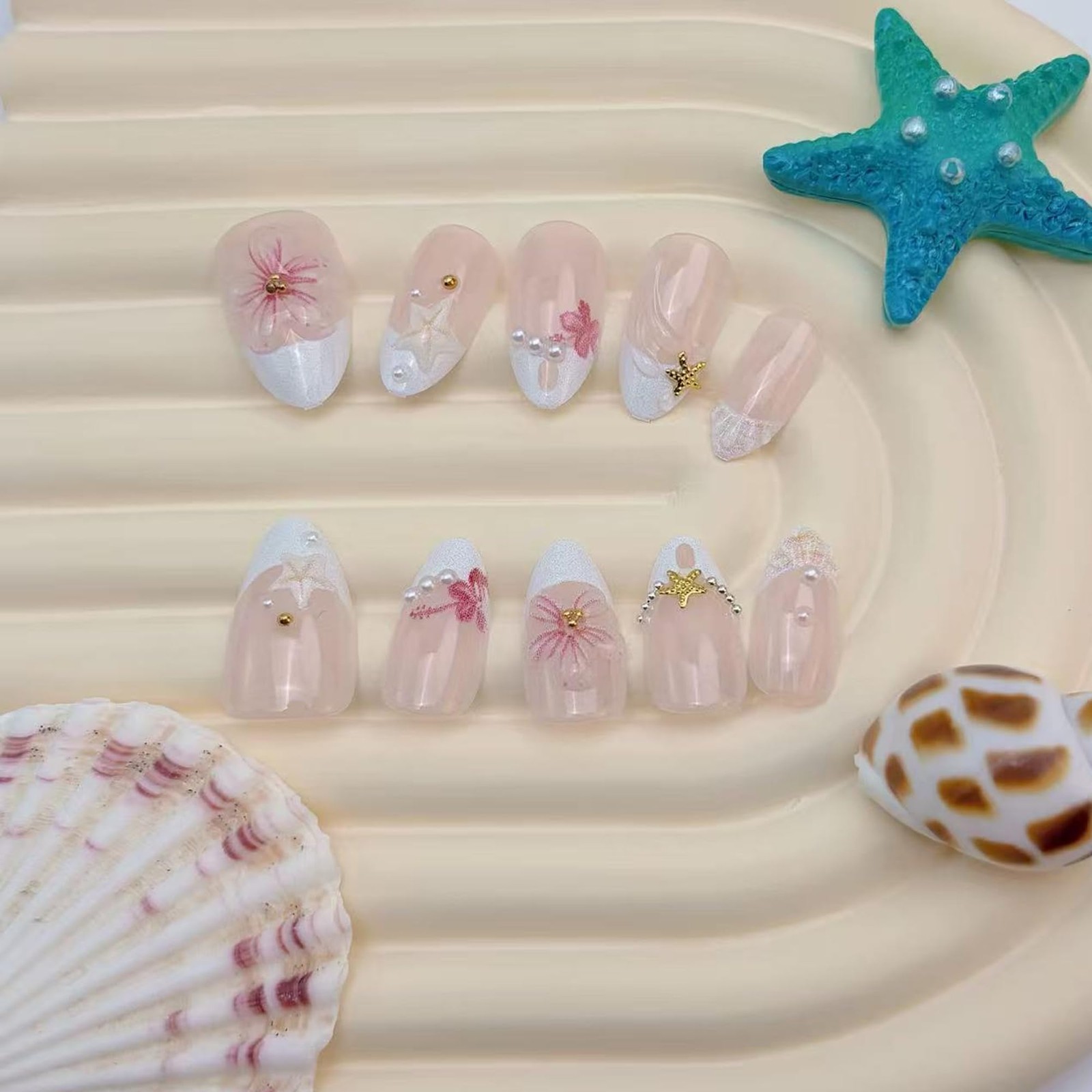 30Pcs Short Almond Press On Nails, Summer Beach Theme False Nails with 3D Pin…