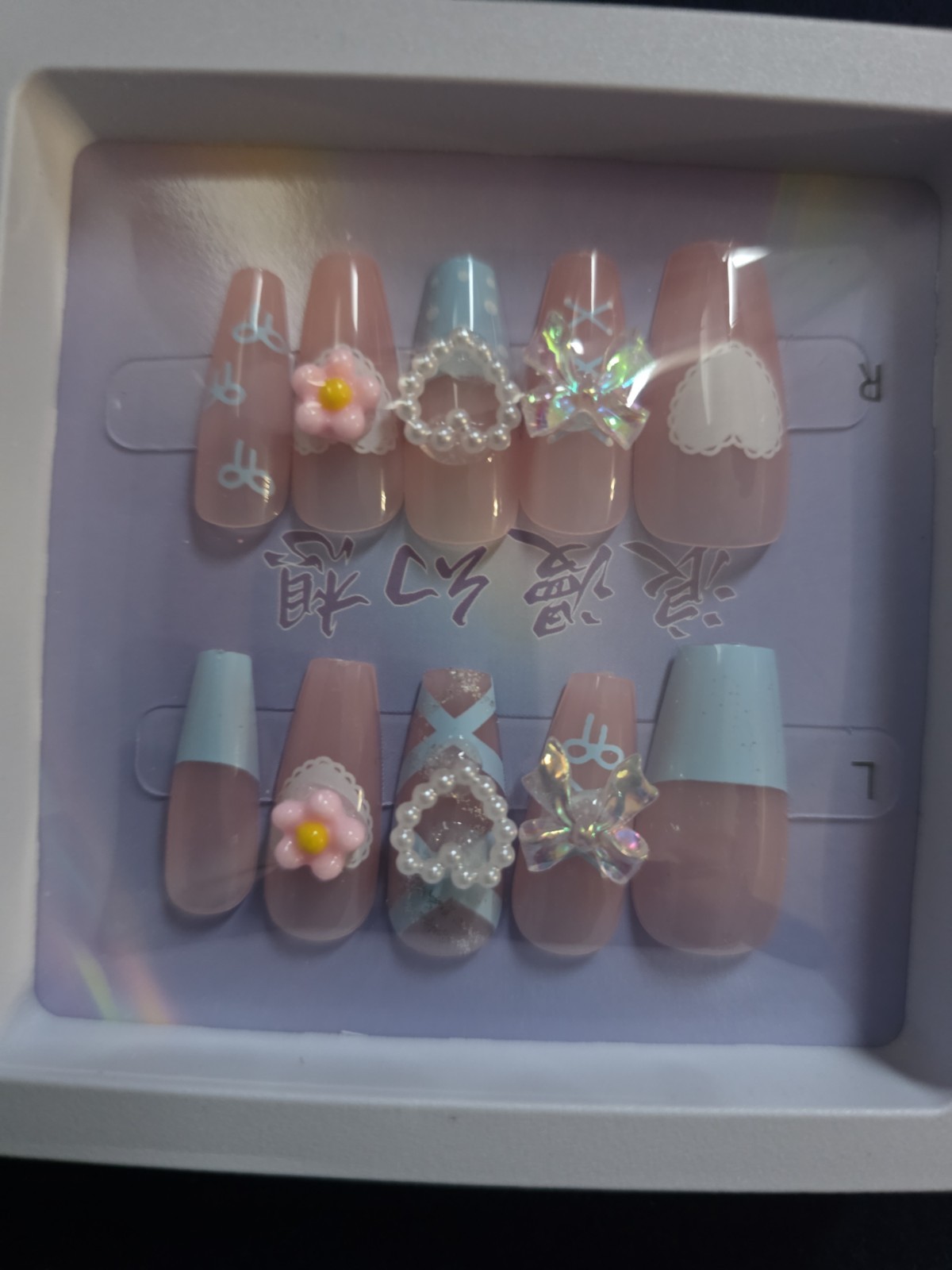 Romantic Fantasy Press On Nails Lot 6 Luxury 3D Bow Flower Pearl Nail Kit Set 2