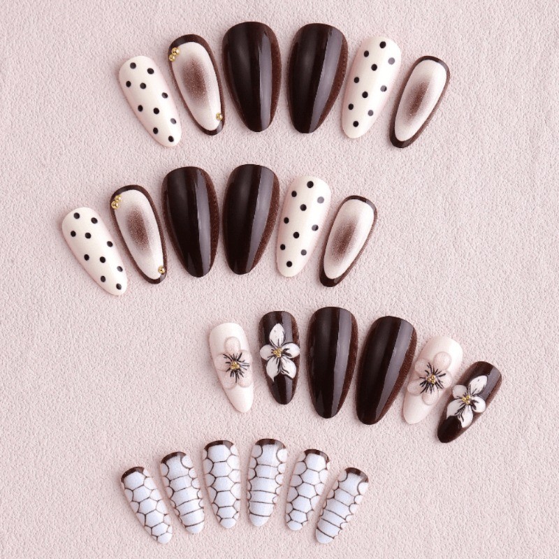 48 Pieces of Grey and White Mixed Element Fake Nails – Removable Fake Nail Art