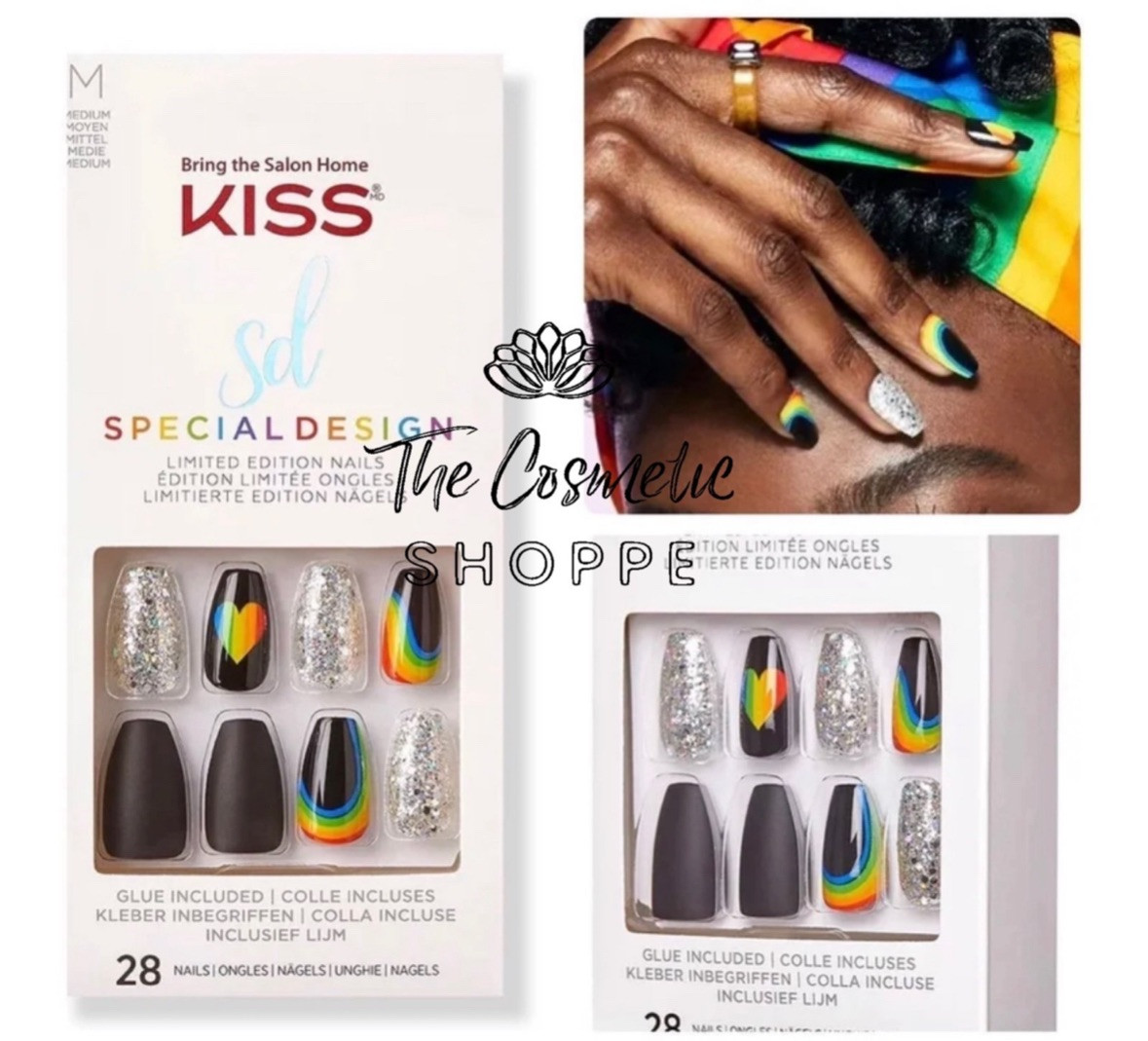 Kiss Special Design Glue-On Black Medium Length Rainbow Pride Nails x1