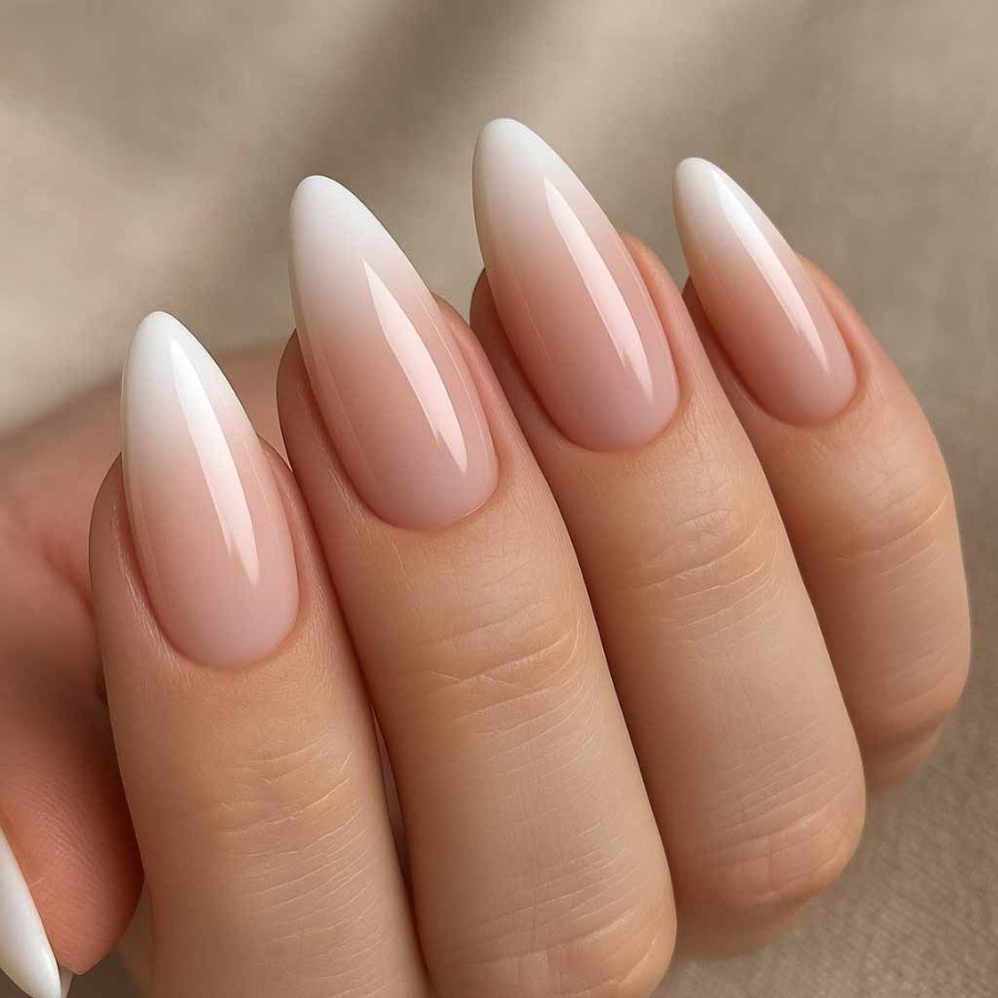 48 Pcs Nude White Gradient Press on Nails, Long Stiletto Soft Fake Nails