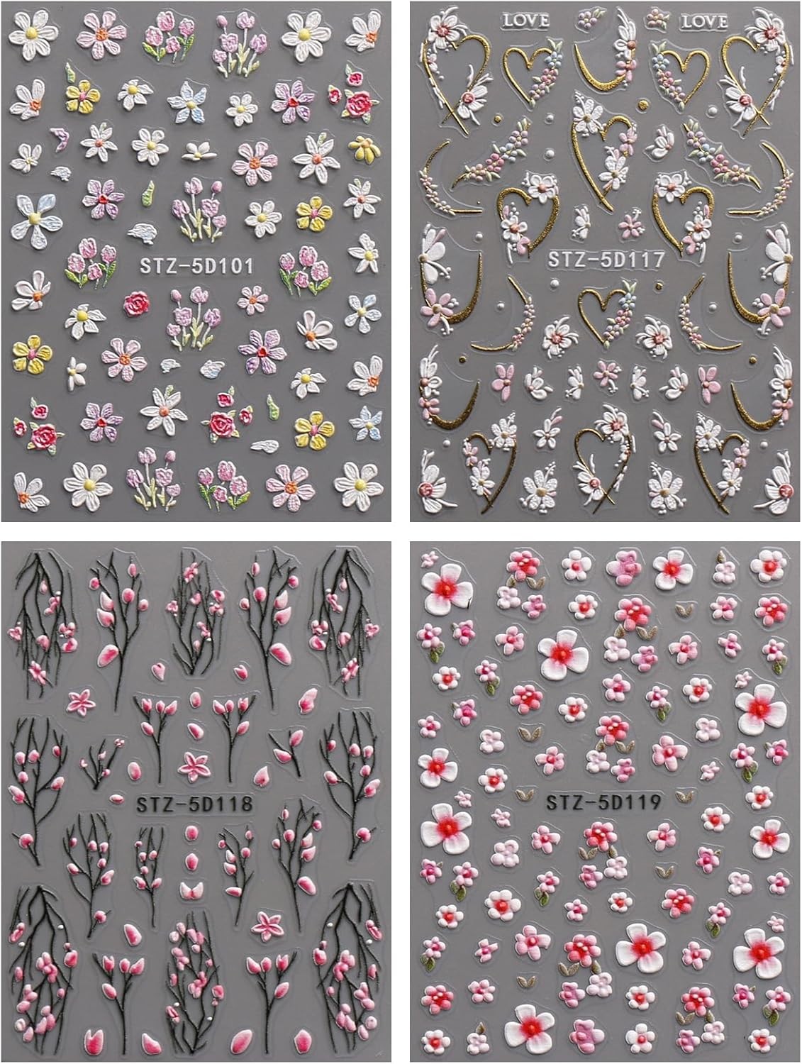 JMEOWIO 3D Embossed Flower Nail Art Stickers Decals Self-Adhesive 5D Colorful