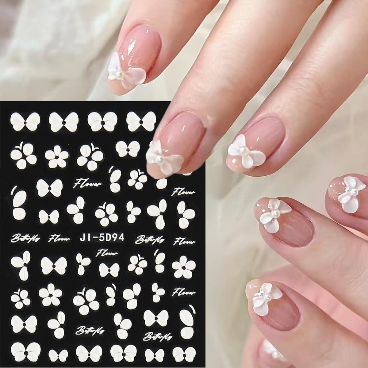 5D Embossed White Flowers Nail Stickers, 5 Sheets Self-Adhesive Floral Nail Deca