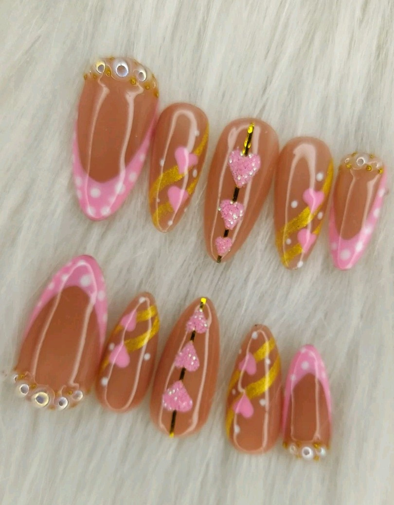 Pink White And Gold Nails, Pink Heart Coquette Nails, Custom Prom Wedding Nails