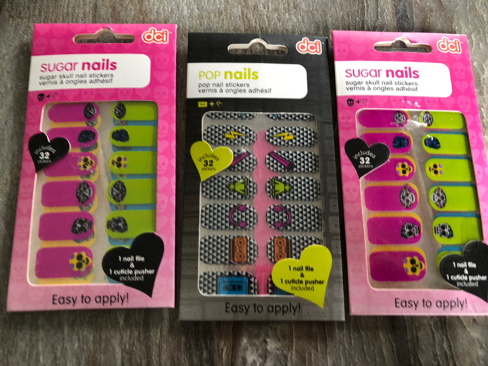 3 Pks Sugar Skulls & Pop Nail Art 32 Stickers Nail Decals File & Cuticle Push Ea