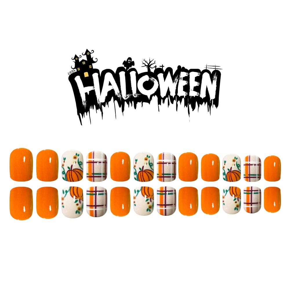 Thanksgiving Fall Press on Nails Short Square Fake Orange Style 6