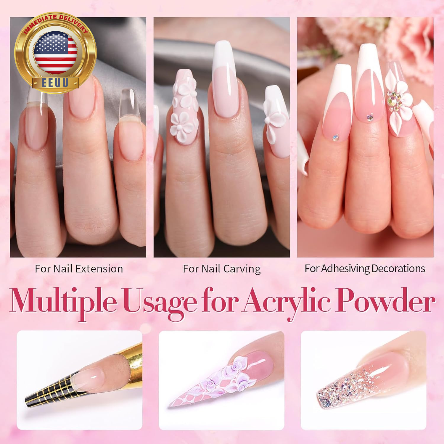 Acrylic Nail Kit – Acrylic Powder (Clear, White, Pink) & Liquid Set with Nail Fo