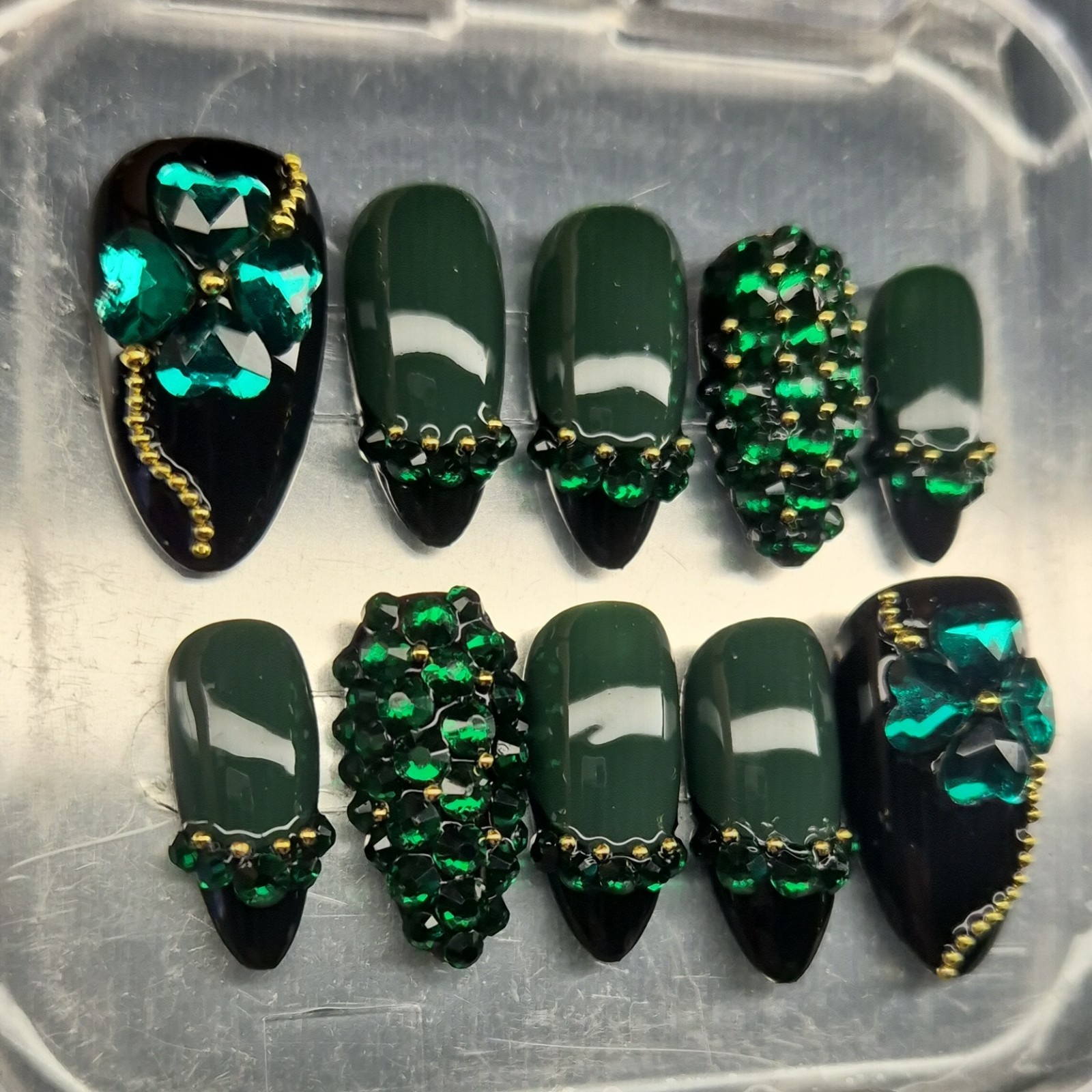 Green Black Gold 3D Flower Almond Press-On Nails Pre-Designed Full Cover