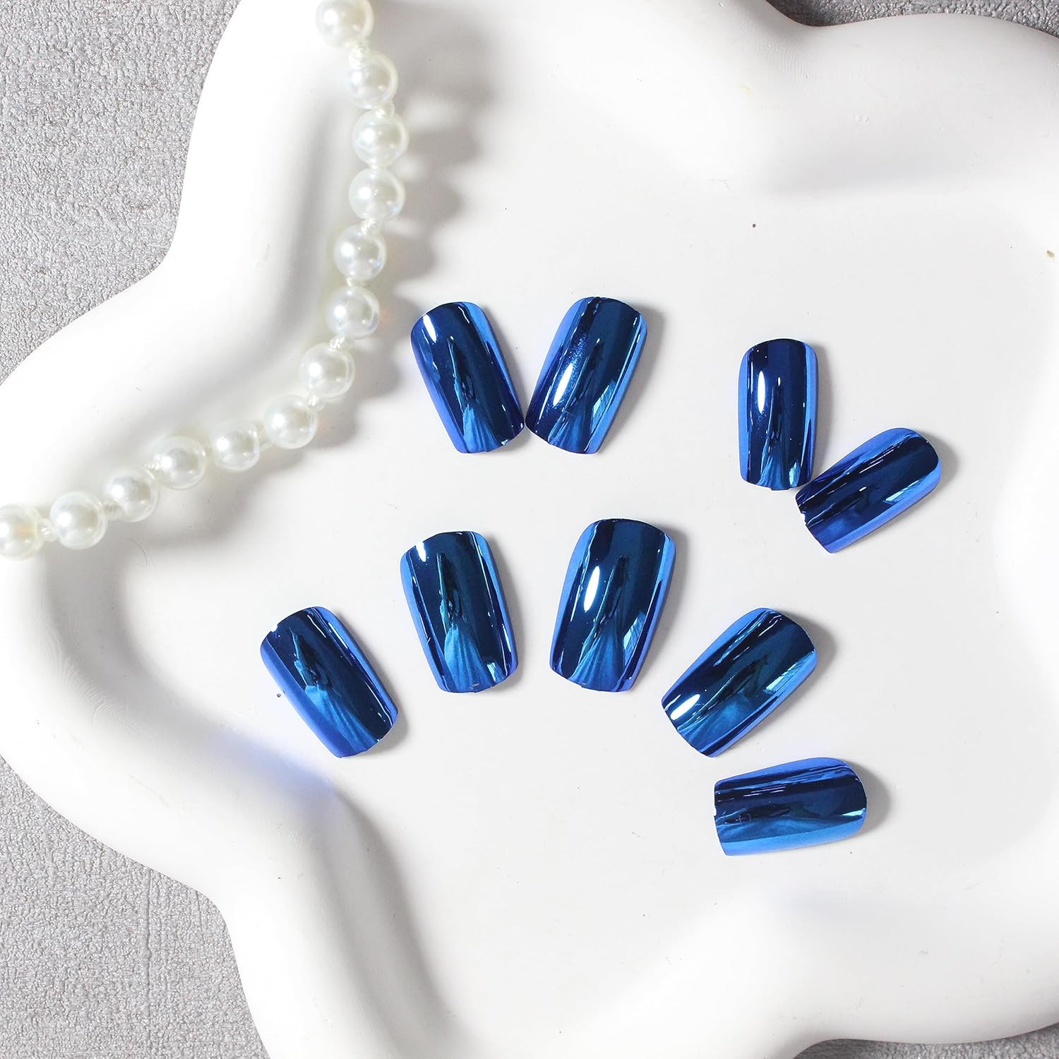 Mirror Metal Royal Blue Press on Nails Medium Short Square Square Royal Blue