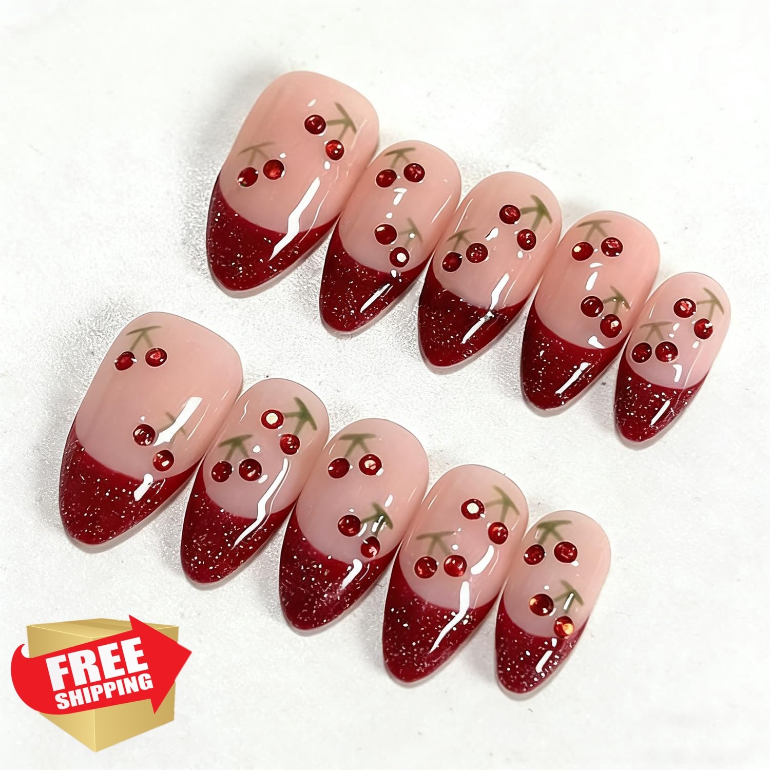 OSTTMA Red glitter cherry press on nails