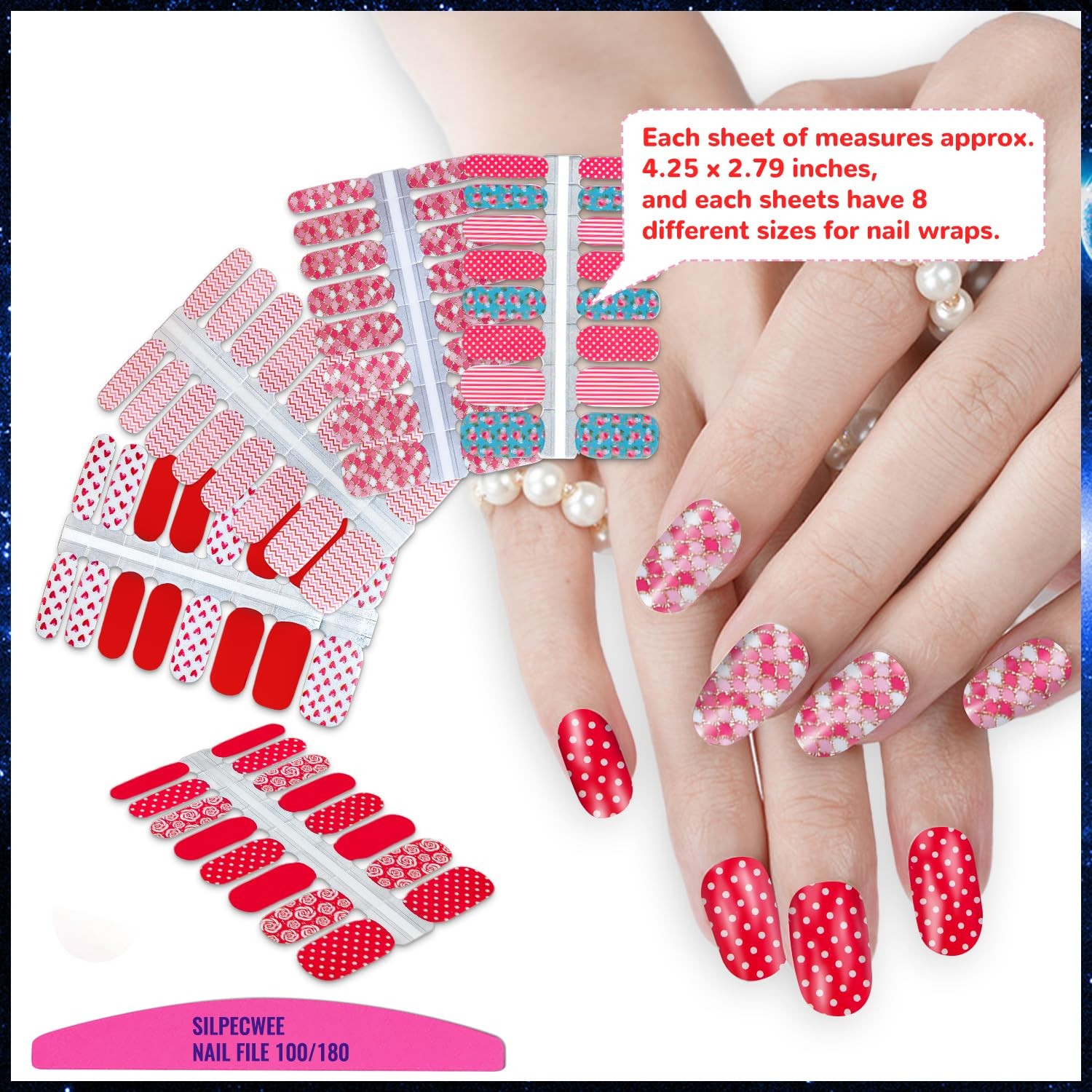 5 Sheets Red Nail Wraps for Women Valentine’s Day Nail Polish Strips Gel Nail…