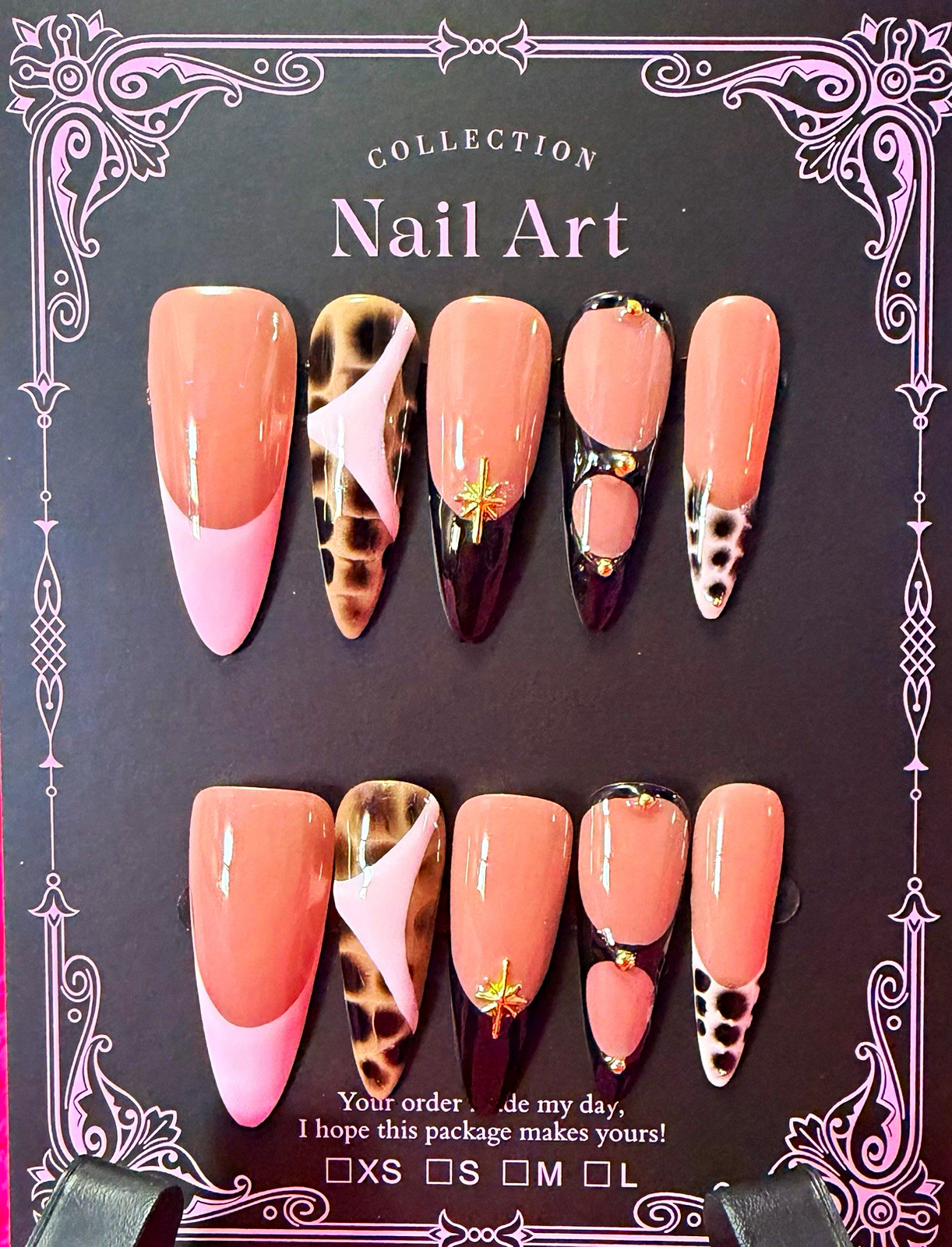 Pink/Brown/Black Leopard Animal Print Stiletto Press-On Nails, Long, Glossy