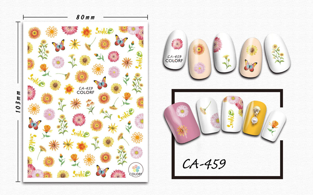 Nail art 3D stickers decal pink yellow orange flowers butterfly smile CA459