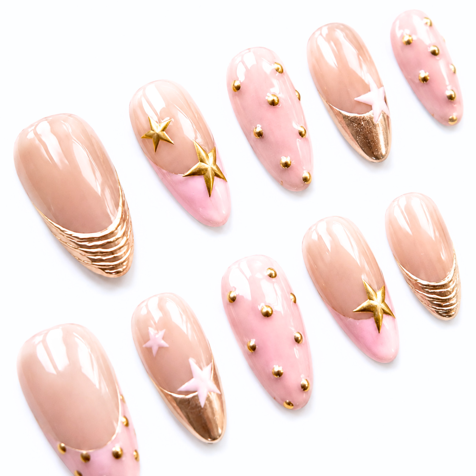 Handmade Nude Pink Gold Star Press On Nails Celestial Custom Set