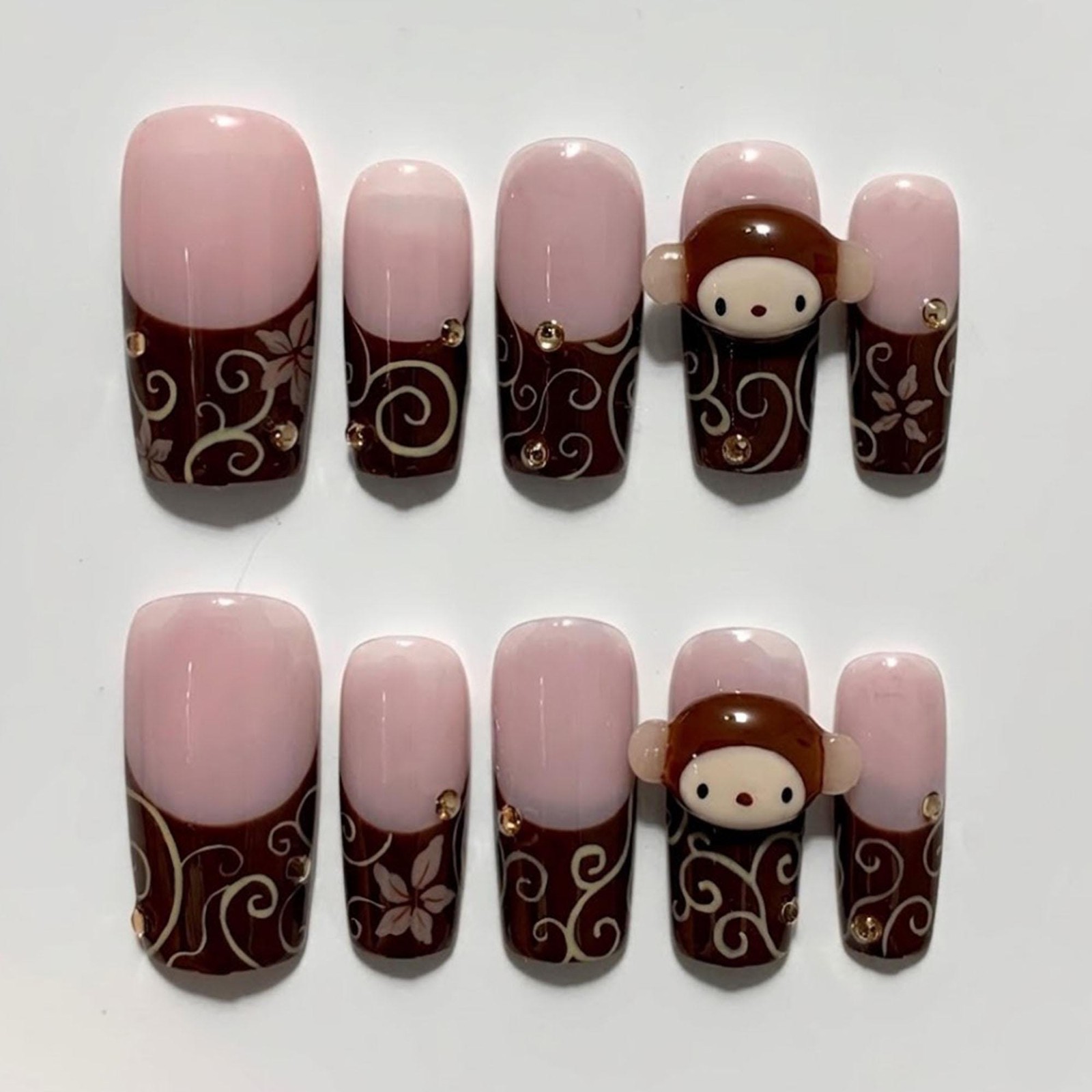 Handmade Custom Cute 3D Monkey Coffee Brown Floral French Square Press on Nails