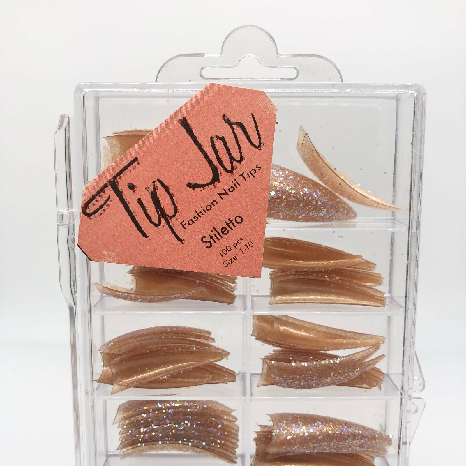 Brand New Tip Jar Fake Nail Tips – Orange Pink Stiletto with Glitter (#231)
