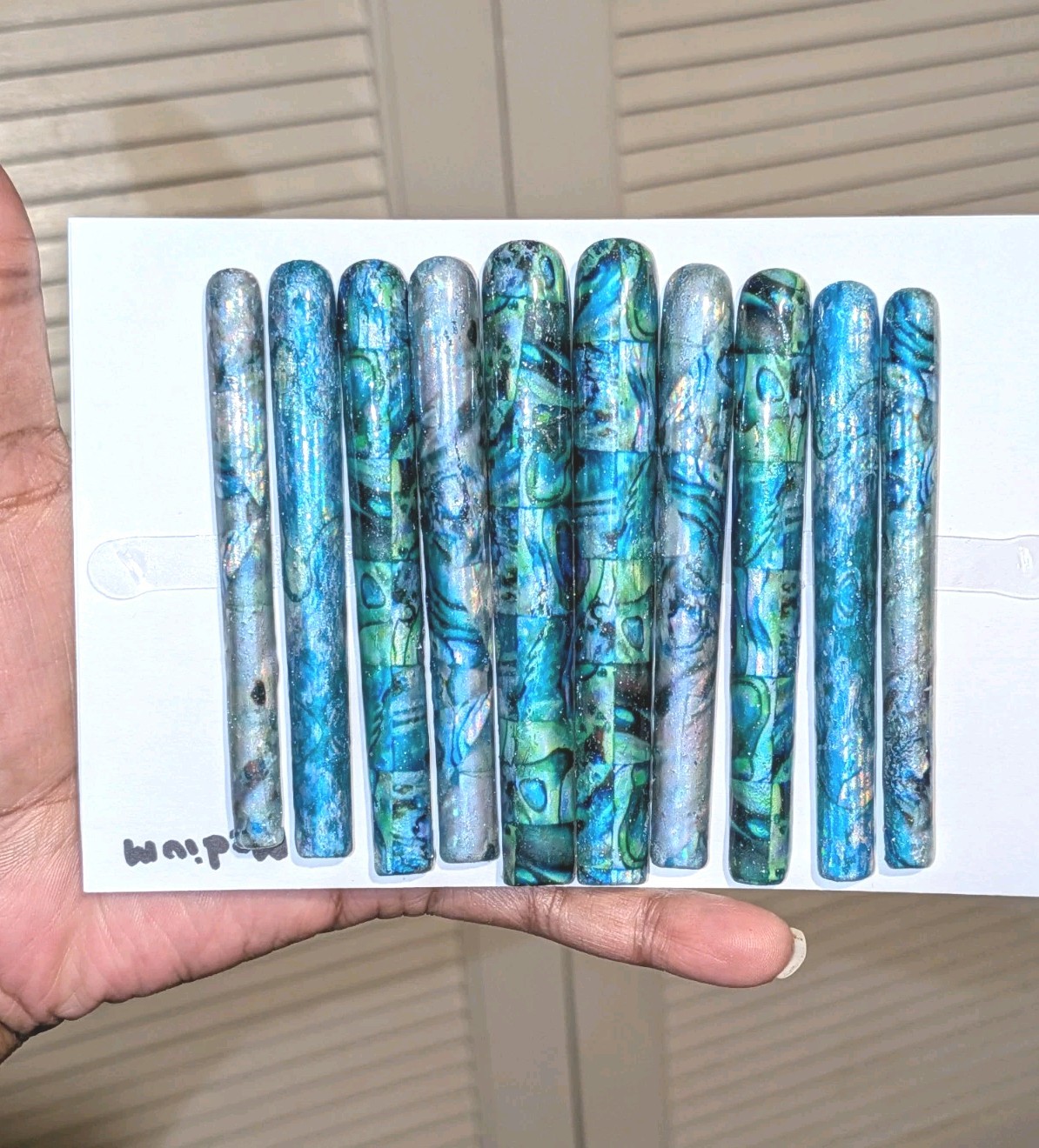 Hand Crafted 6Xl Acrylic Teal and Blue Marble Long Press-On Nails Sz Medium