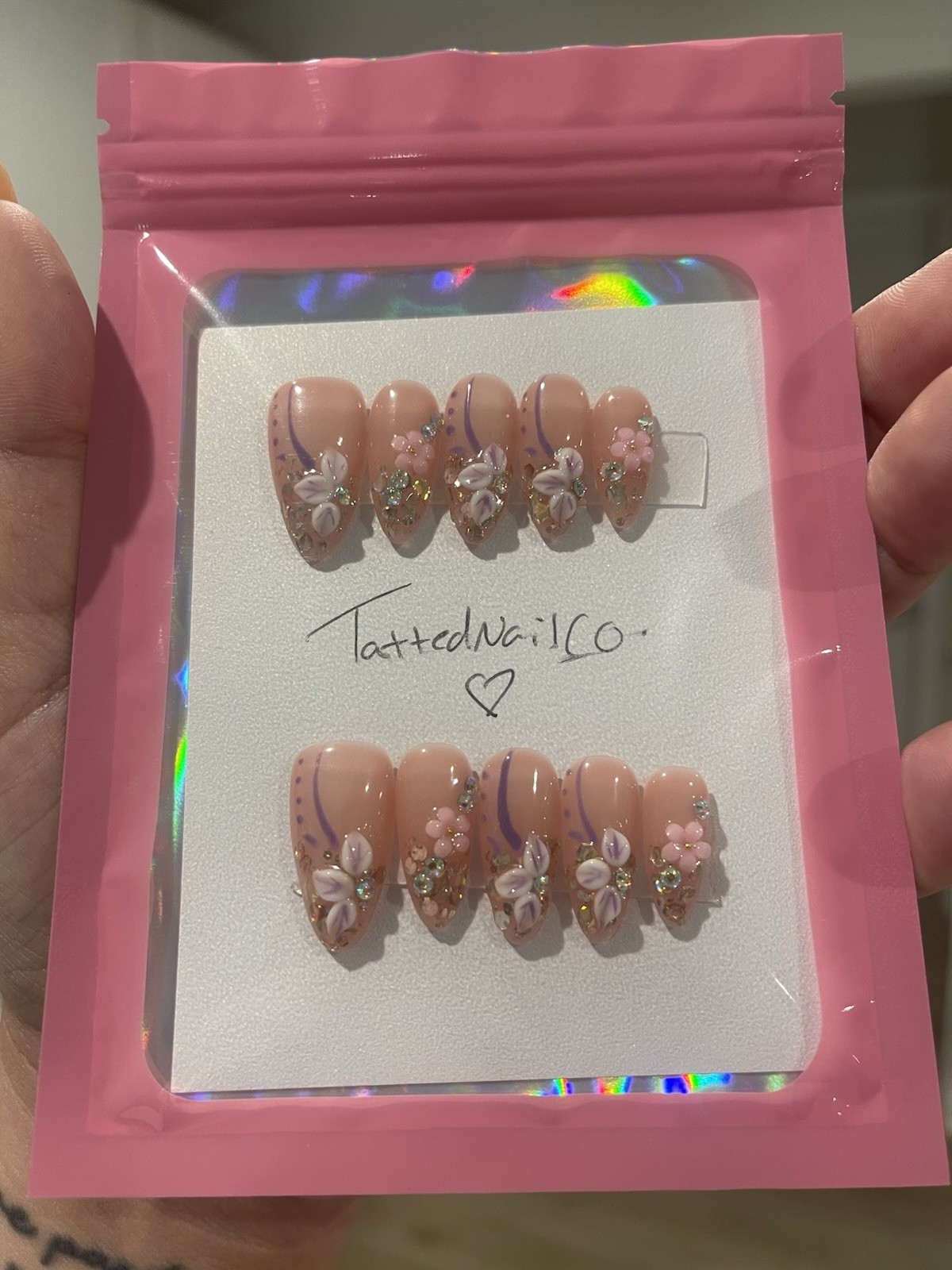 3D Almond Press-On Nails Medium Pink Nude Floral Full Cover Pre-Designed Set