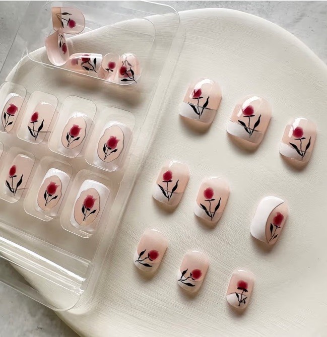 Press-On Nails Set, Pink Red White Black, Flower French, Short Square. Full Set