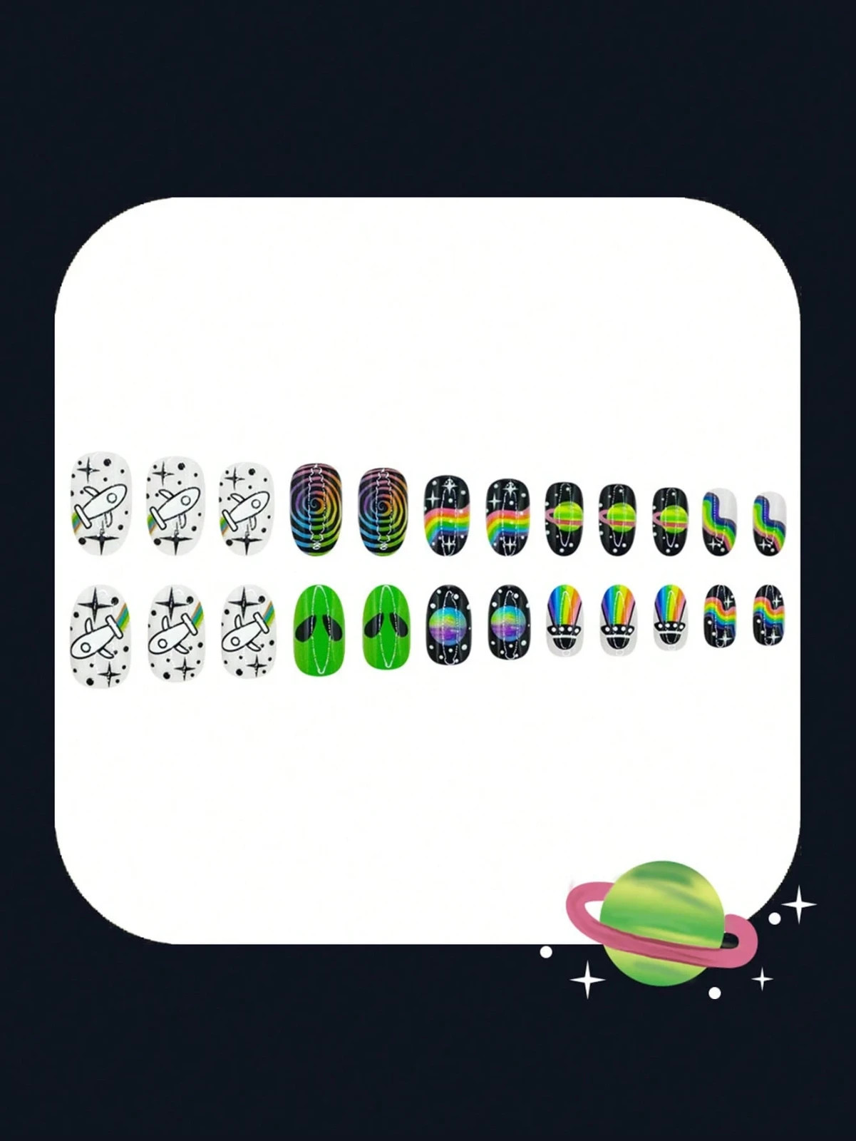 24PCS Y2K Alien Press On Nails Short Oval UFO Rainbow Space Full Cover Reusable