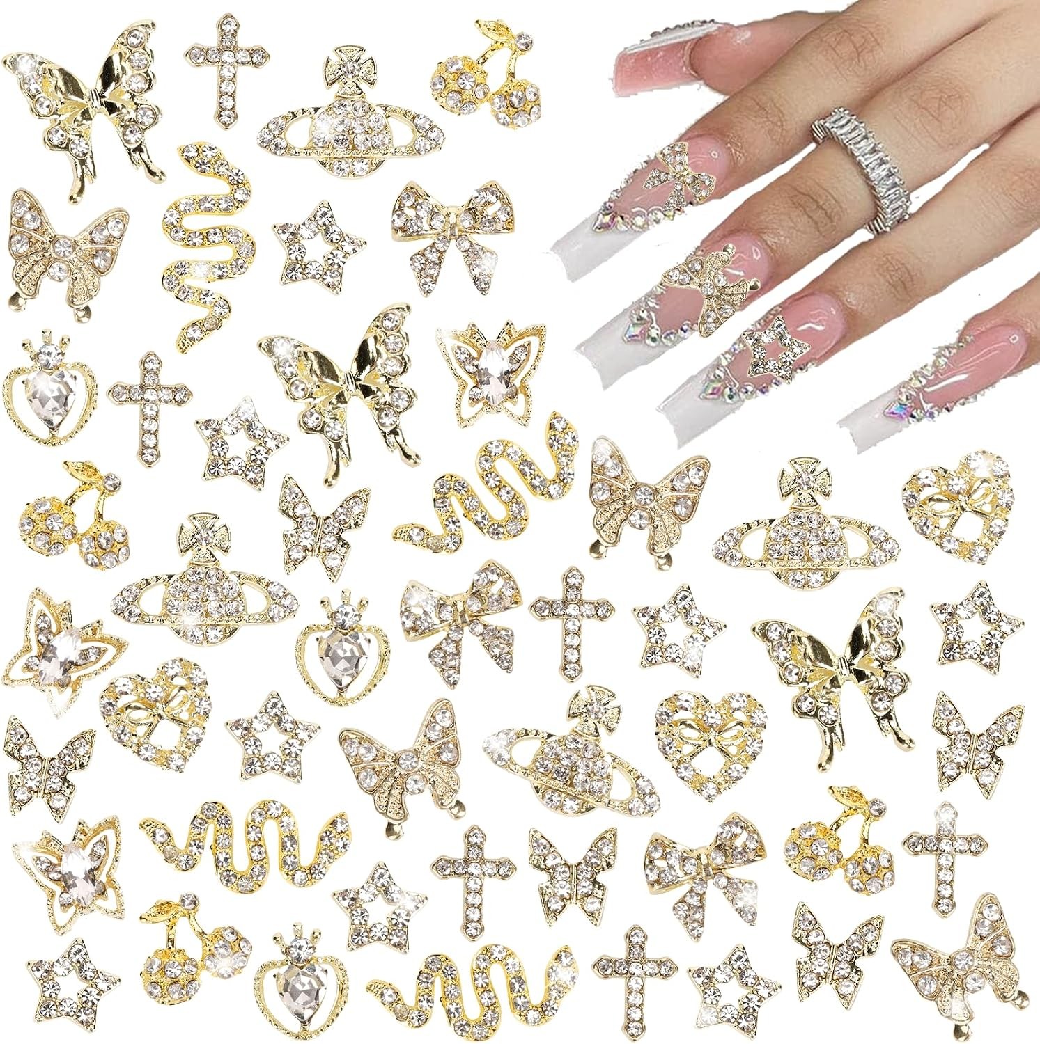24PCS Y2K Nail Charms: 3D Heart Bow Butterfly Rhinestones