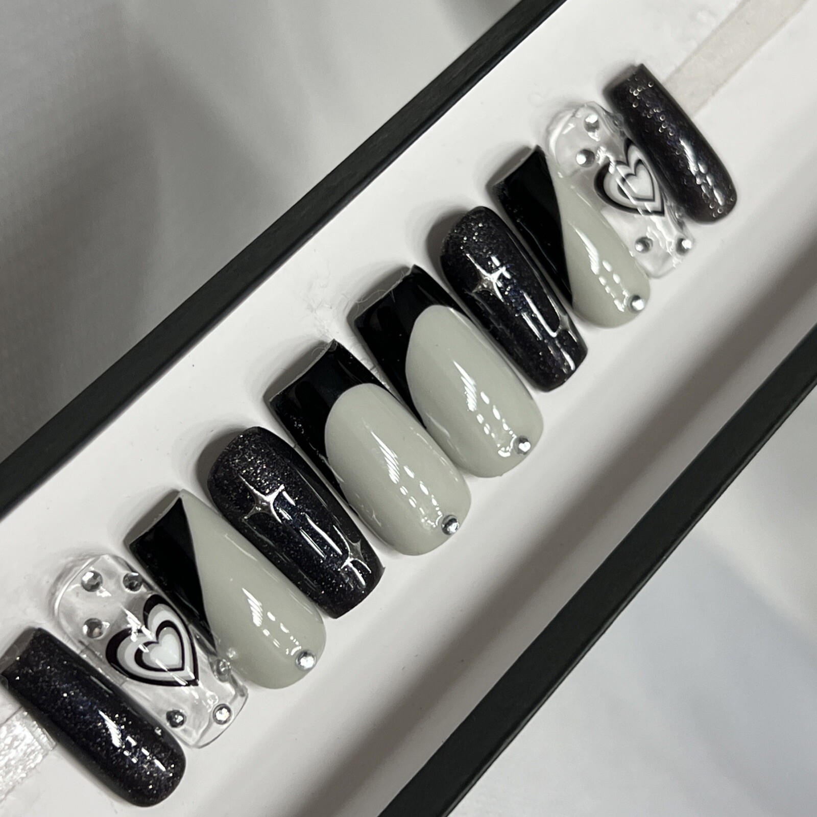 🤍 CUSTOM Hard Gel Press On Nails Black GREY HEART Bling 10p FULL SET SQUARE