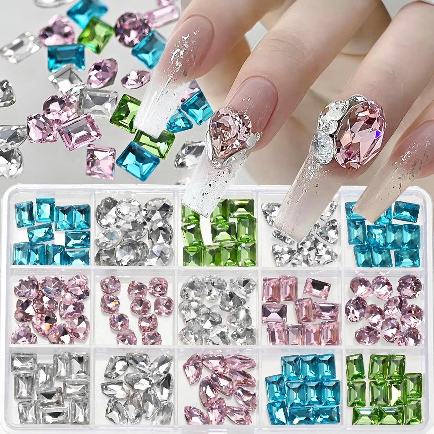 15Grid 3D Nail Rhinestones: Heart Gems, Crystal Glass Jewels for Art