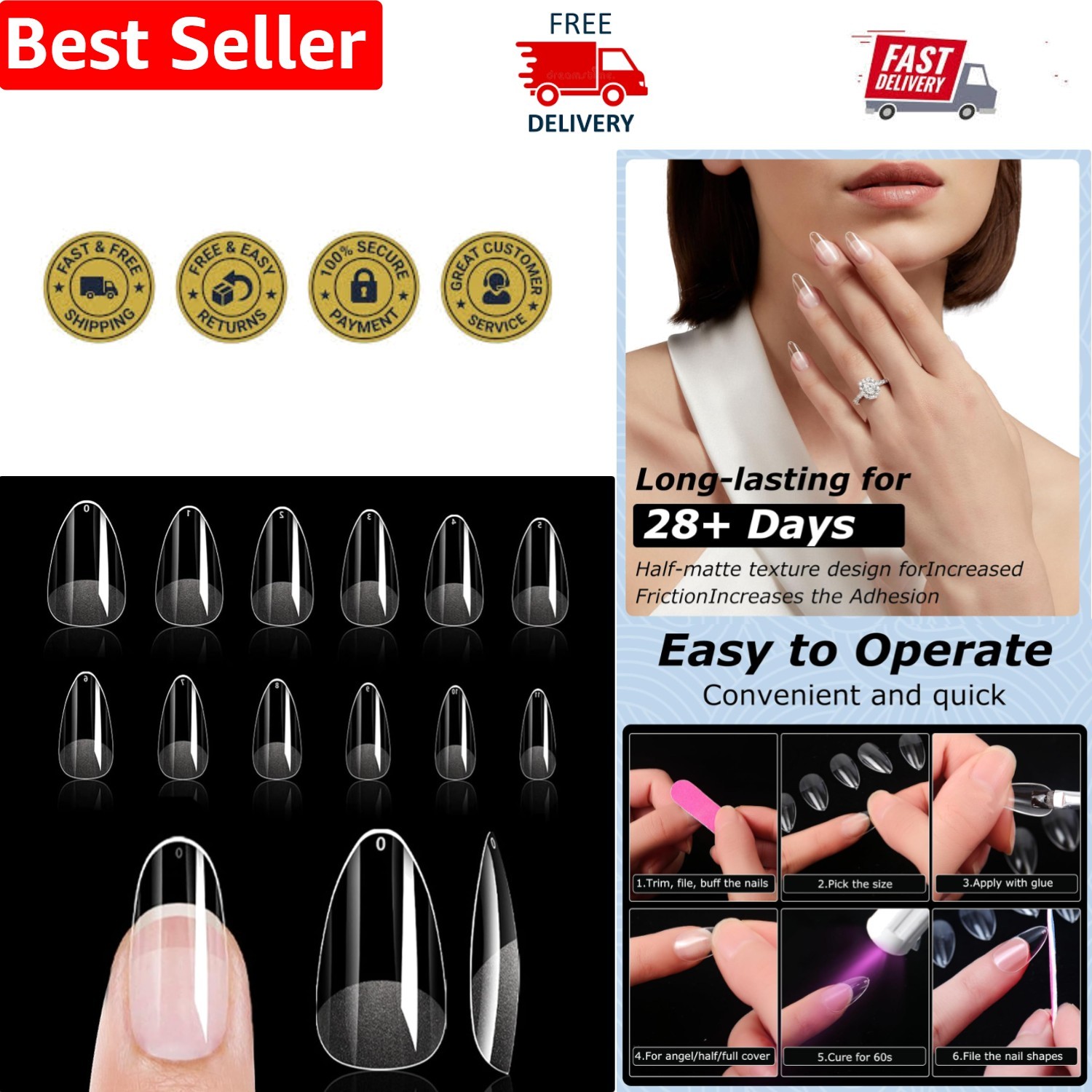 Soft Gel Almond Nail Tips – 288Pcs for DIY & Salon Use, Lightweight & Durable