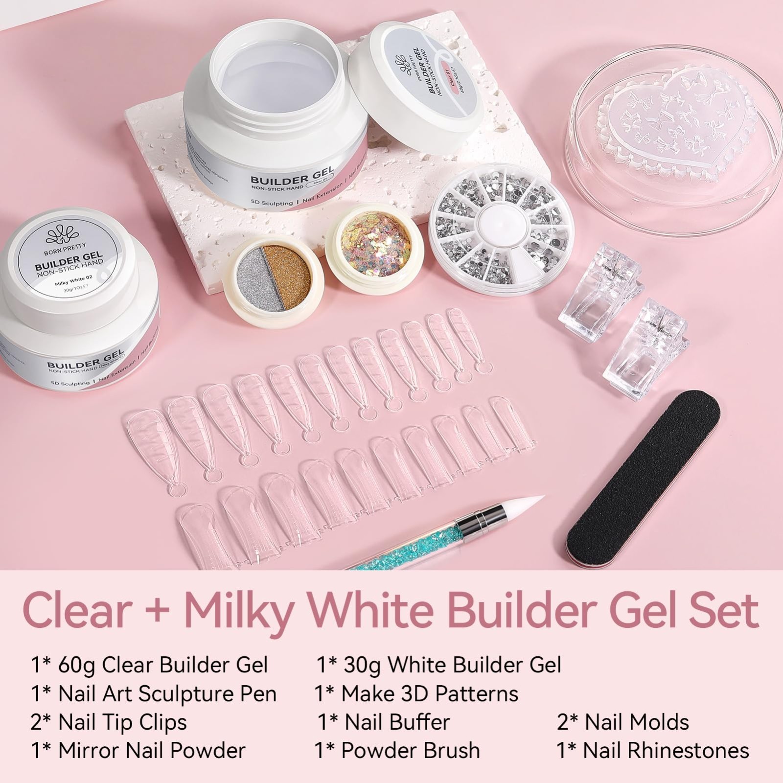 3D Sculpting Builder Gel for Nails – Clear & White Hard Gel for Nail Art, Extens