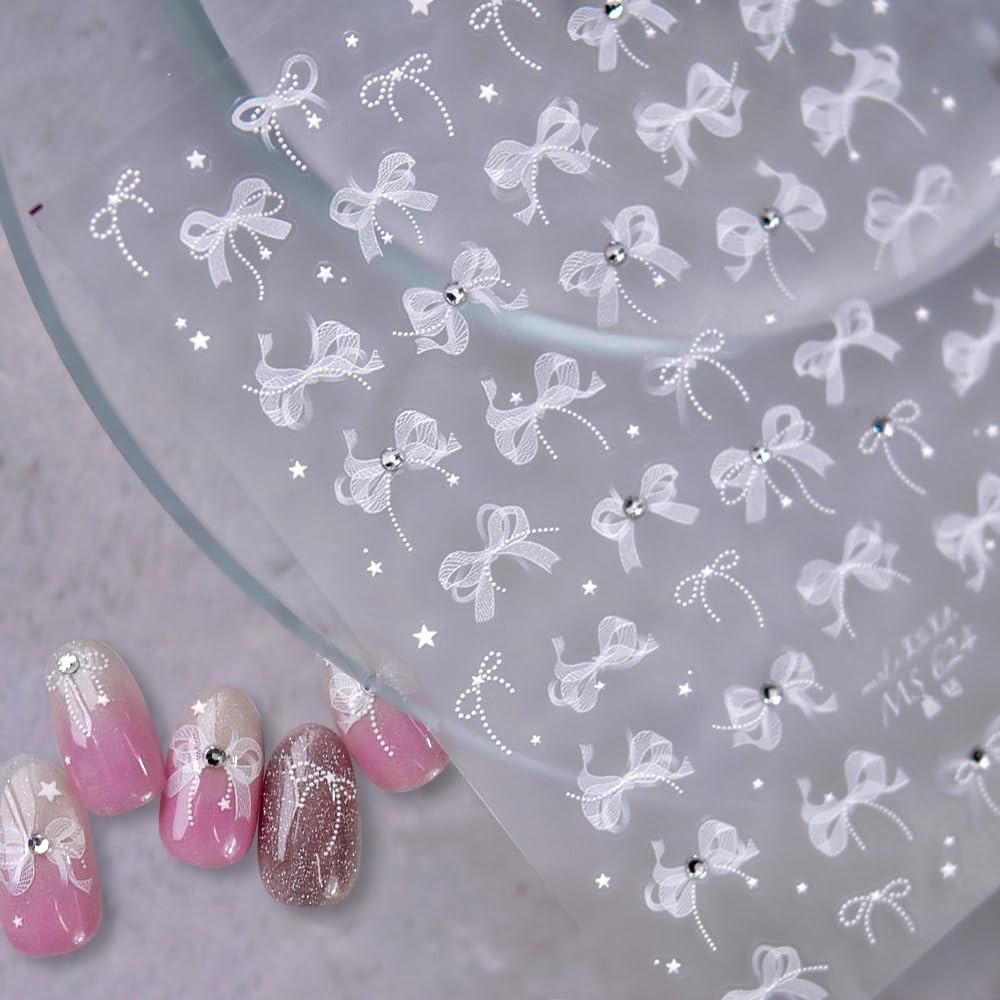 White Lace Bow Nail Stickers for Nail Art Supplies Cute Nail Bows Ribbon