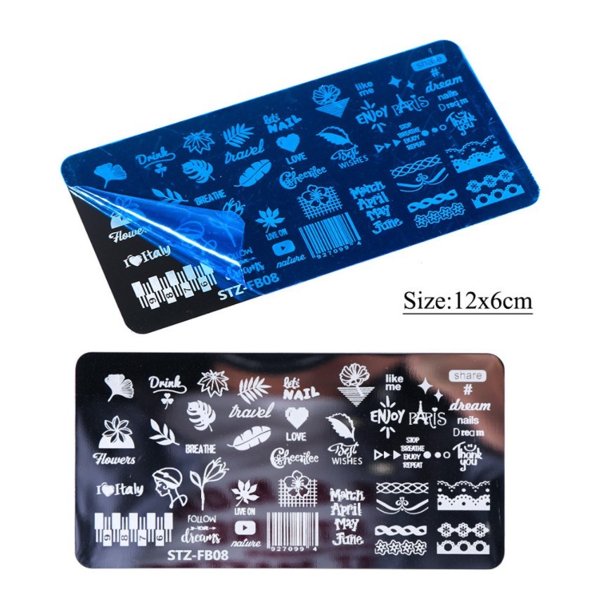 Lace Barcode Plaid Leaf Metal Nail Stamping Plates English Words Paris Italy