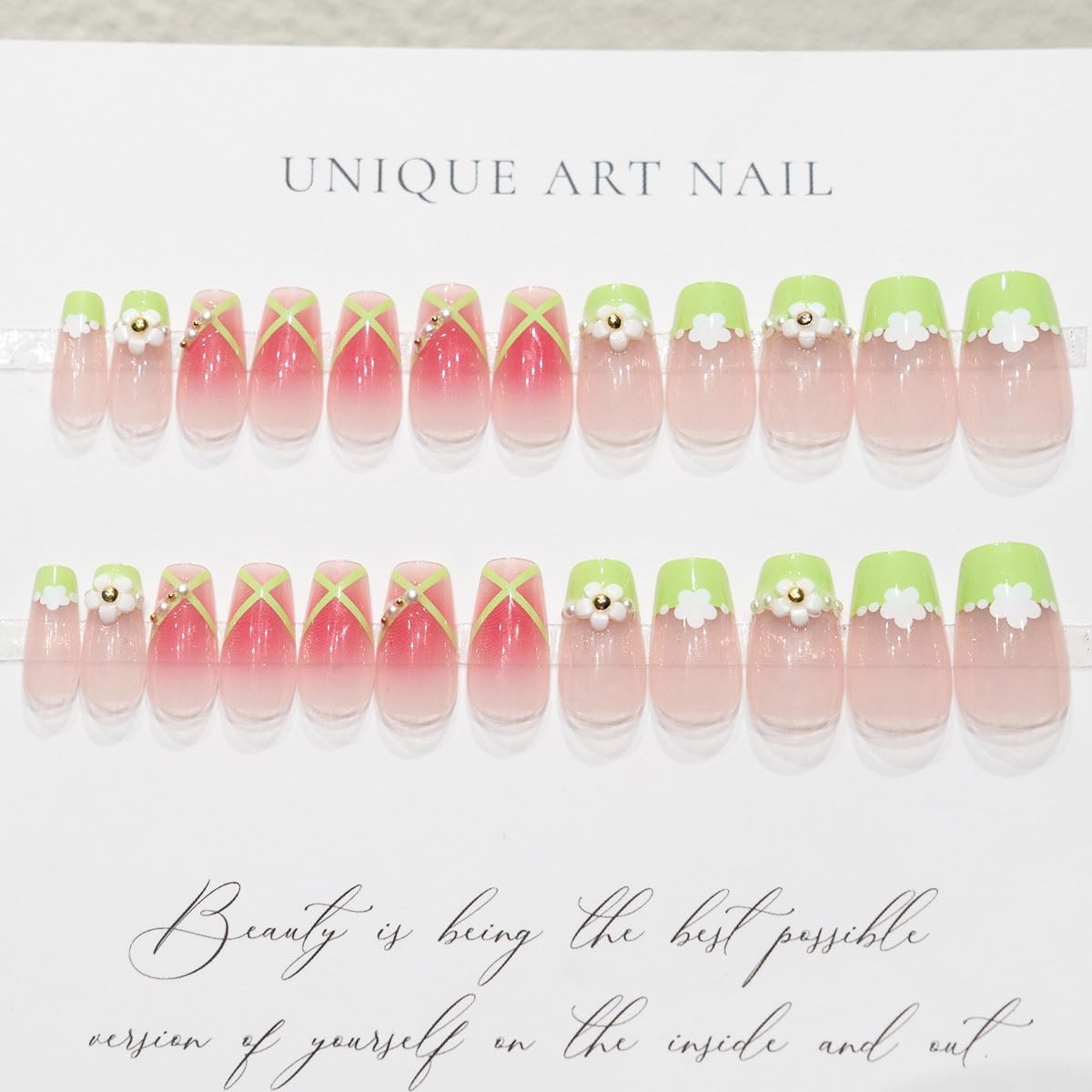 Secret Lives Glossy Artificial Translucent Pink & Green Color with 3D 24 Nail