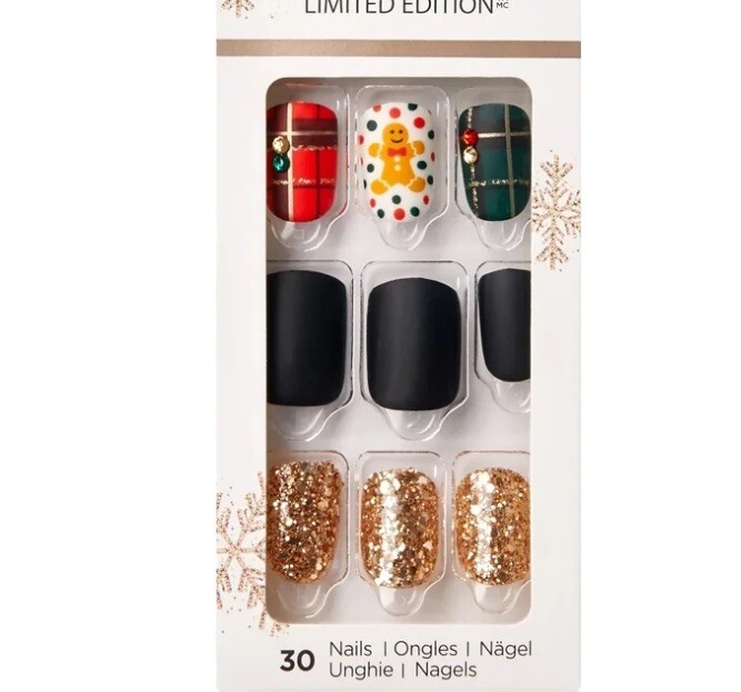 KISS imPRESS Press-On Manicure Short Matte Black Nails Gingerbread Plaid X1 NEW