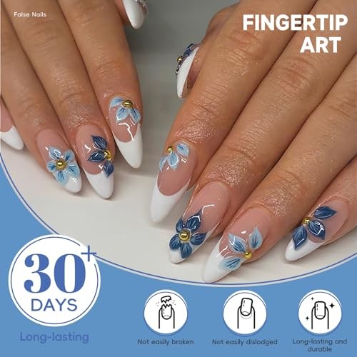 HOSAILY 3D Flower Press on Nails – Medium Almond, Natural Nude 3D Blue Flower