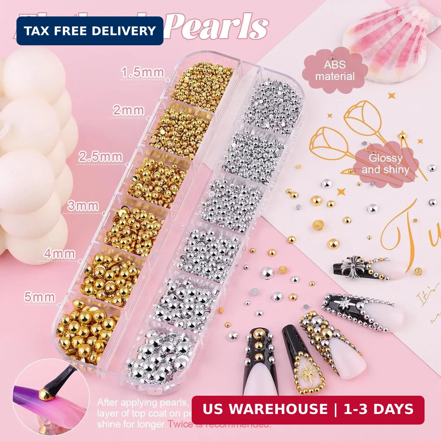 Flatback Nail Pearls Gems, Half Round Silver and Gold Nail Charms Beads and Whit