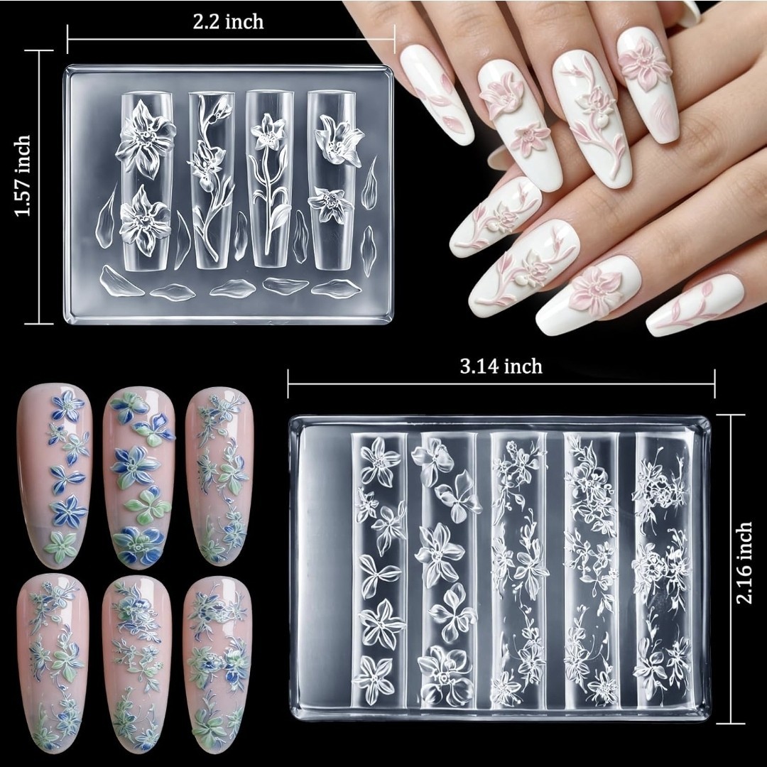 Reusable Clear Floral Flower 3D Nail Art Mold Kit w/ Storage Box & Tools