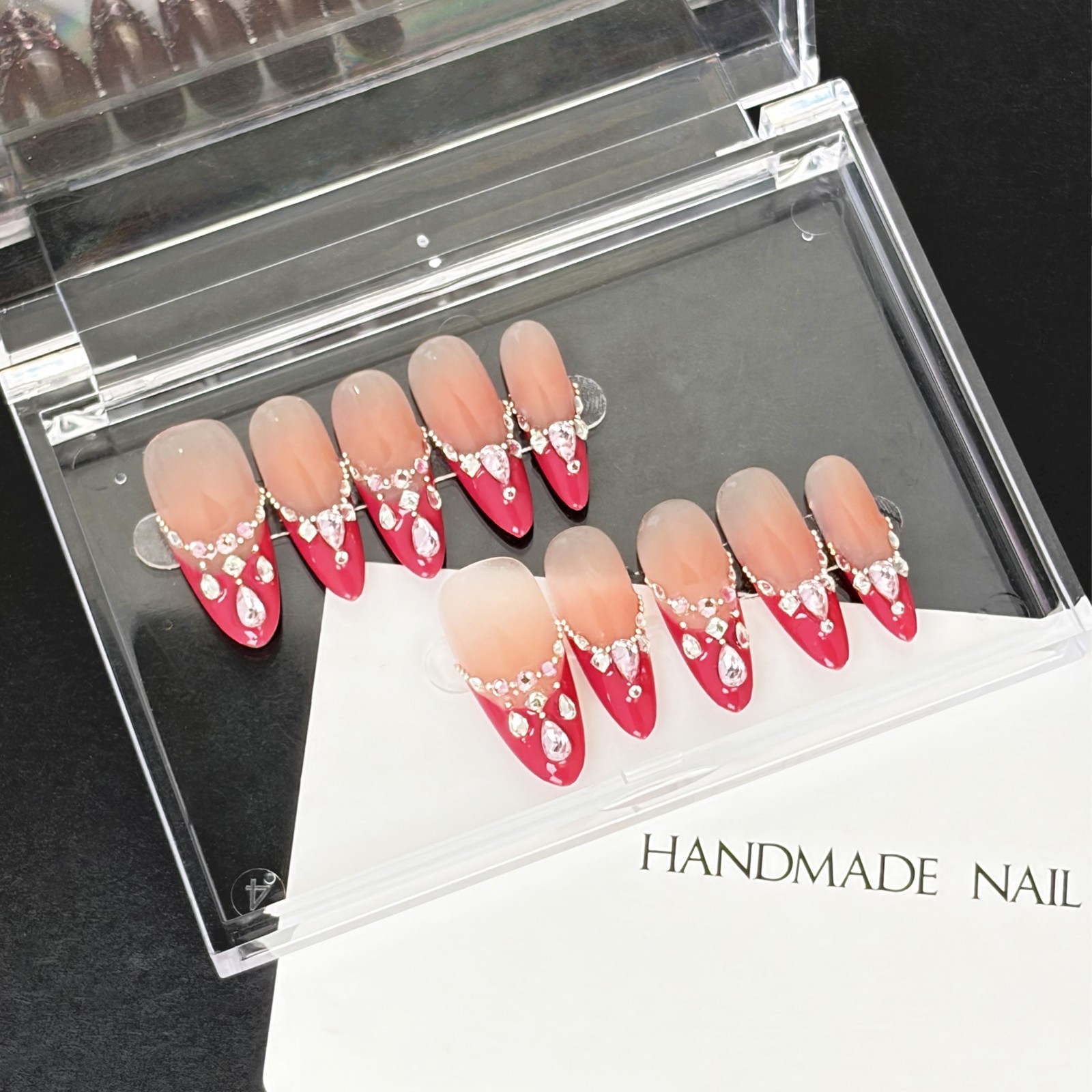 Red Brown Ombre Press-On Nails with Rhinestone Band Luxury Handmade Almond Nails
