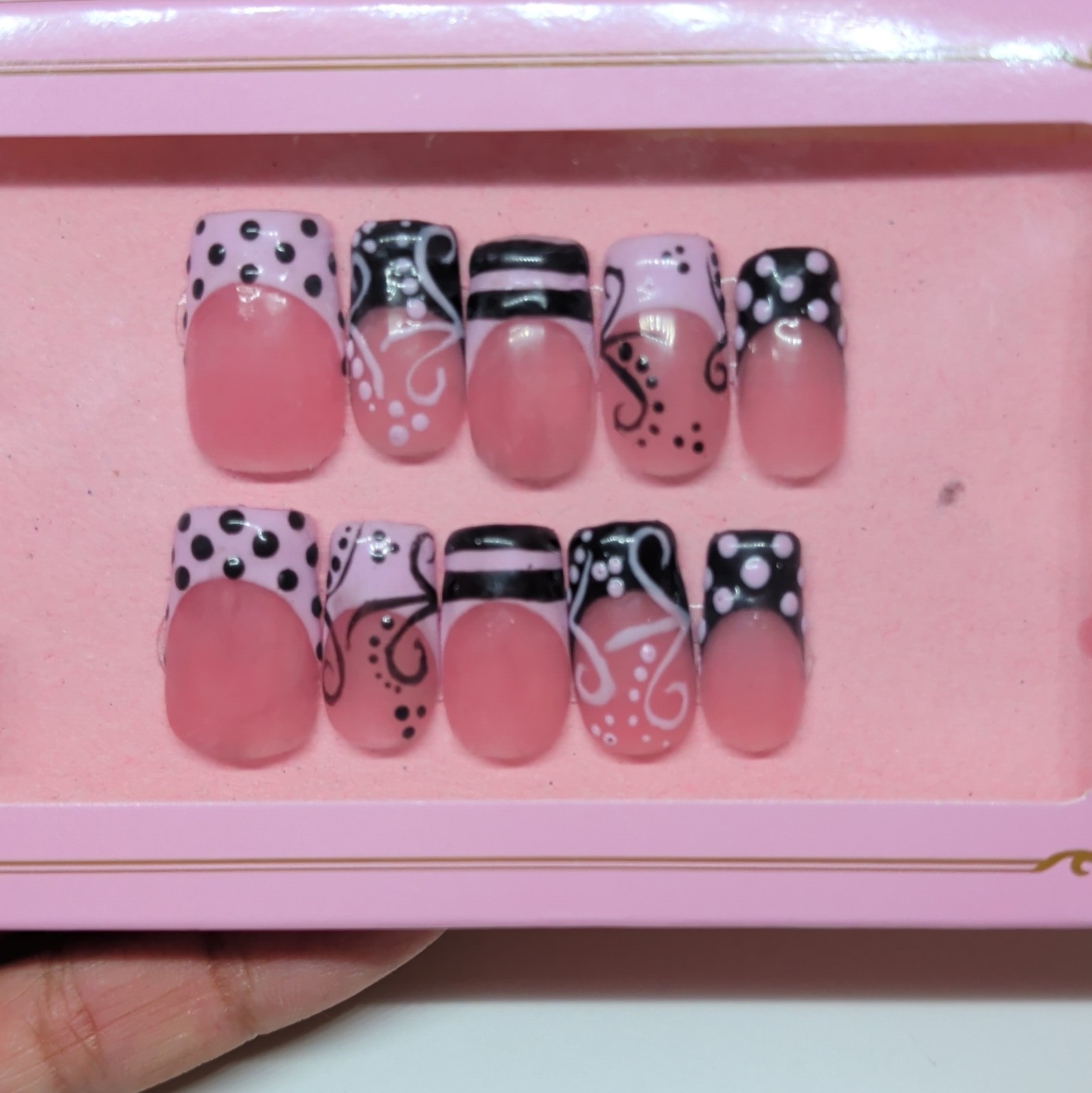 10 Piece Short Square Press-On , French, Pink Black White Polka Dot, Handmade