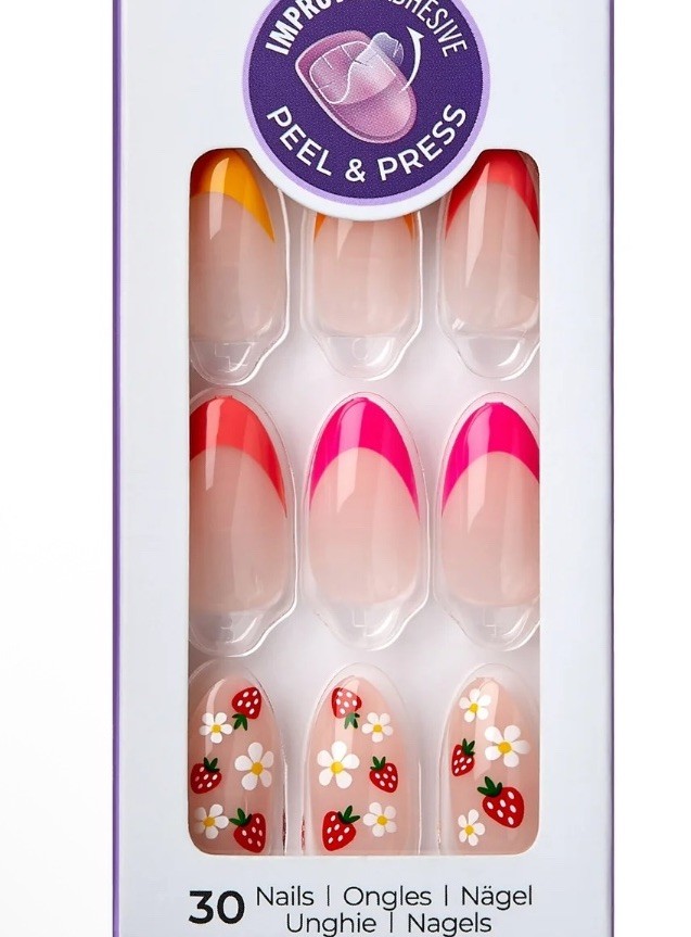 KISS imPRESS Medium Length Orange & Hot Pink French Manicure Nails Strawberries