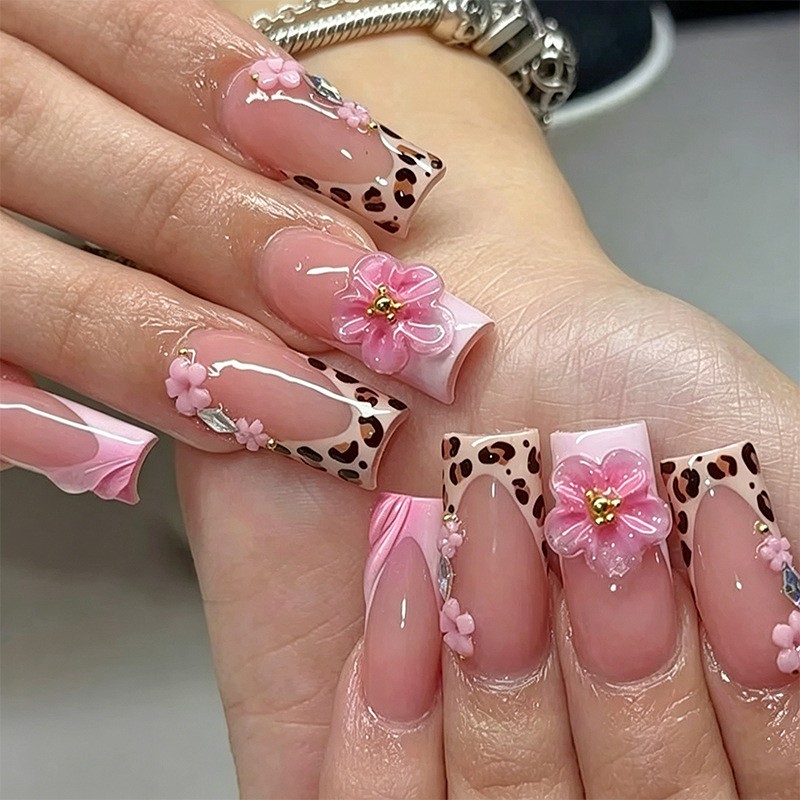 48P Leopard Floral Rhinestone Press on Nails, Long Coffin Pink Glossy Fake Nails