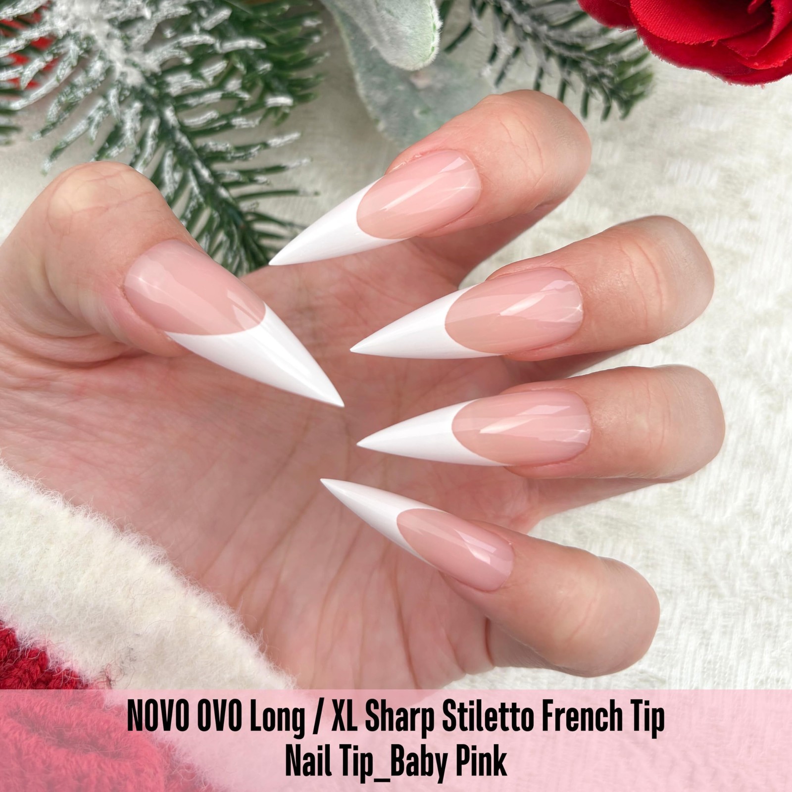 White French Tip Long XL Sharp Stiletto Nail Tips Press on BABY PINK, Soft Ge…