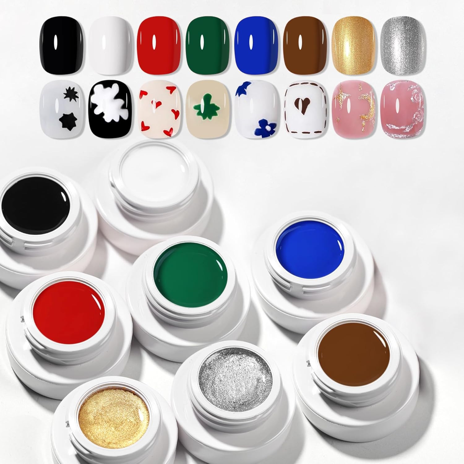 8 Colors Painting Gel for Nail Art Set, White Black Gold Silver Red Green Blue B