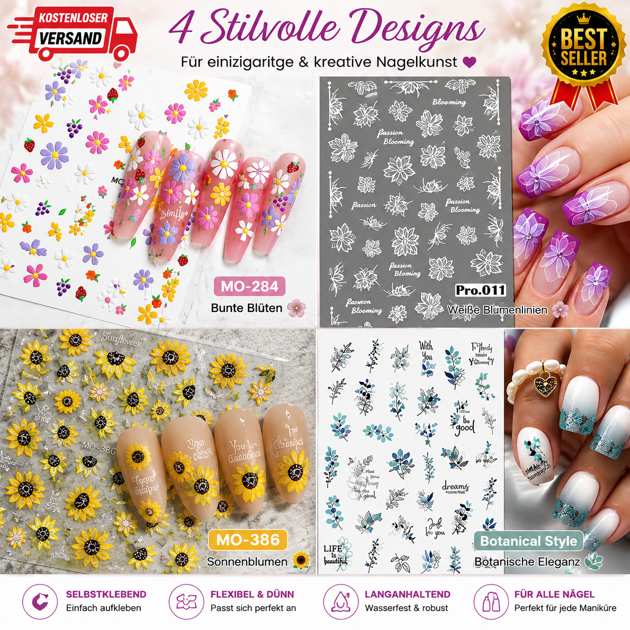 5D Embossed Floral Nail Art Stickers — Decals for Manicure Decoration